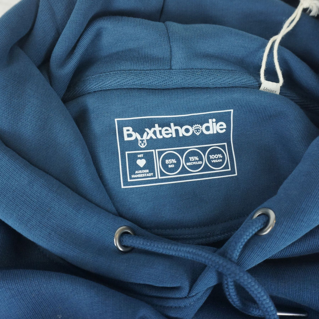 Eingedruckter Nackenprint im blauen Buxtehoodie Kapuzenpullover